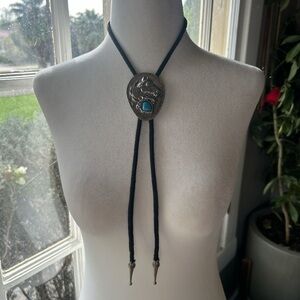 American Vintage Silver and Blue Bolo Tie Necklace